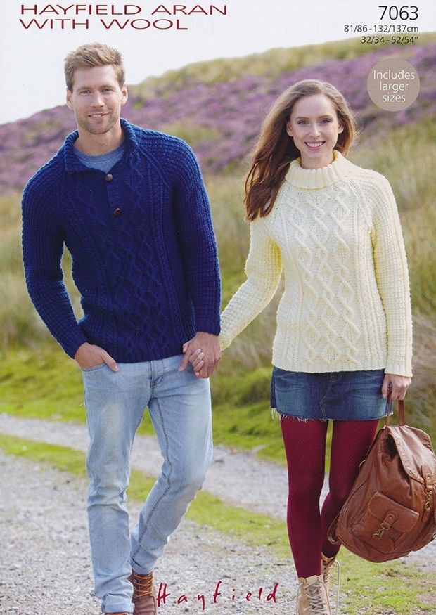 Hayfield 7063 Knitted Sweaters in Hayfield Aran with Wool (#4) weight yarn. For adults from 32"/34" to 52"/54".